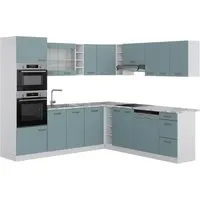 Vicco Eckküche R-Line Solid Weiß Blau Grau 247x237 cm - Küchenzeilen in modernem Design mit praktischen Küchenschränken, perfekt für individuelle Raumgestaltung und optimale Raumnutzung.