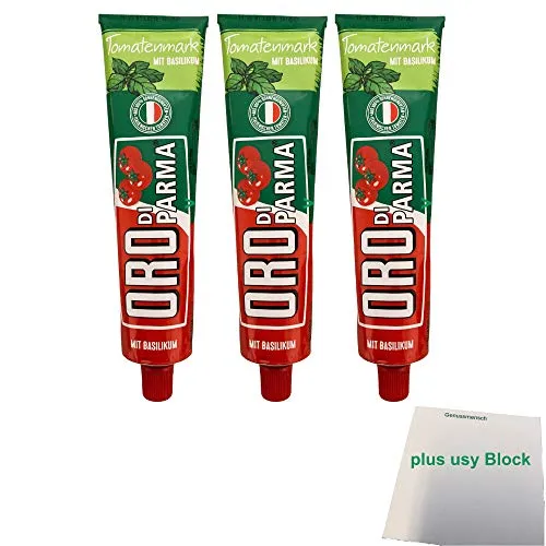 Oro di parma Tomatenmark mit Basilikum 3er Pack (3x 200g Tube) + usy Block