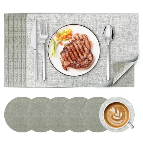 Tischset Leder 6er Set – Abwaschbare, Hitzebeständige Platzsets - Platzsets aus hochwertigem Kunstleder, doppelseitig nutzbar in Silbergrau & Hellgrau. Hitzebeständig, wasserdicht und rutschfest – ideal für Küche, Restaurant und Familien.