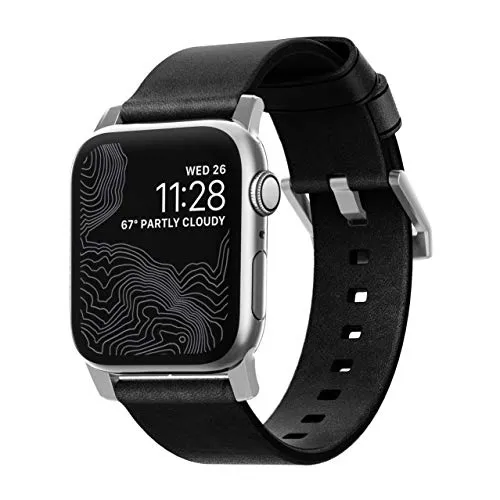 NOMAD Strap Modern Leather Black Connector Silver 42/44/45/49 mm - Elegantes schwarzes Echtlederarmband für Apple Watch, robust und kompatibel mit 42/44/45/49mm-Modellen, hält seitlichen Krafteinwirkungen bis 196 Newton stand.