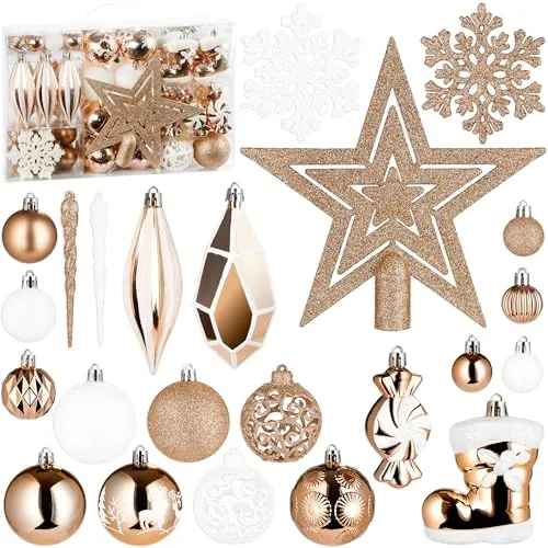 BRUBAKER 128 Stück Premium Christbaumschmuck - Glitzernde Weihnachtskugeln und mehr - Weihnachtsbaumkugeln: 128-teiliges Set mit einzigartigen Designs wie Nikolausstiefeln und Bonbons für eine festliche und individuelle Dekoration.