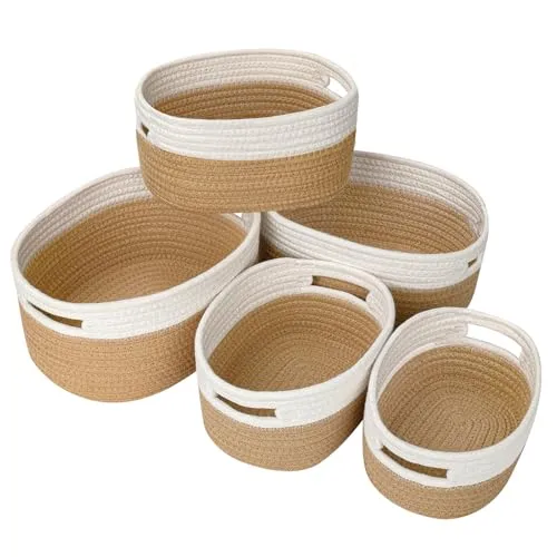 Ezvsevuo Aufbewahrungskorb 5er Set, Korb Geflochten, Aufbewahrungskörbe, Aufbewahrungskorb Wickeltisch, Geschenkkorb Baumwolle, Organizer Korb für Badezimmer Babyzimmer Schlafzimmer - Weiß & Jute