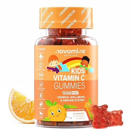 Vitamin C für Kinder – Zuckerfrei & Glutenfrei – 40 mg Vit C und Zink – Vitamin C Gummibärchen mit Vitamin B6, B12 – Vitamine für Kinder – Kaubarer Immunsystem-Booster – 1-Monats-Vorrat – Novomins