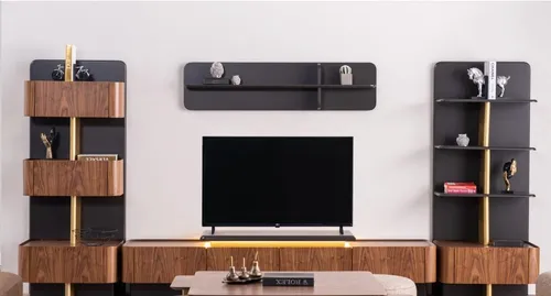 Wohnwand TV Ständer Lowboard Sideboard Holz Braun - Elegante Wohnwand für das Wohnzimmer, aus hochwertigem Holzfurnier und MDF, bietet über 8 Regalfächer und Schubfächer für optimalen Stauraum. Modernes Art déco Design, Maße: 434 x 53 x 170 cm.