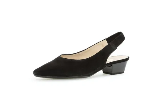 Gabor 81.530.17 Damen Rauleder Slingpumps in Schwarz - Elegante Slingpumps aus schwarzem Rauleder mit spitzer Vorderkappe und 3,5 cm Trichterabsatz. Elastischer Einstieg für sicheren Sitz und komfortables Tragen, ideal für jeden Anlass.