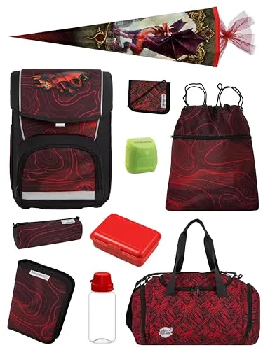 McNeill Schulranzen Basic Feuerdrache, Schwarz-Rot - Schulranzen, sehr leicht mit 960 g, ergonomisches Air-Flow Rückensystem und abnehmbarer Beckengurt für maximalen Tragekomfort.