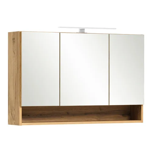 Spiegelschrank Bad mit LED-Beleuchtung 100 cm Eiche Wotan - Moderner Badeschrank mit 9 verstellbaren Regalfächern und Softclose-Türen, ideal für stilvolle Badezimmerorganisation.