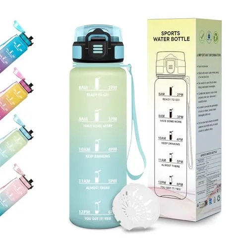 Motswedi Trinkflasche 500ml, BPA-Frei, Wasserflasche mit Zeitmarkierung, Kohlensäure Geeignet, Trinkflasche Kinder, Auslaufsicher, Trinkflaschen für Yoga, Schule, Fahrrad, Outdoors - Beige Hellblau