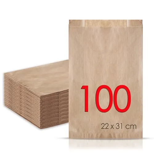 MAMAPAS 100 Kraftpapiertüten 22+7x31, butterbrottüten, Papiertüte für Brot, Kleine Tüten für Süßigkeiten, Krafttüten, Plätzchentüten Papier, Geschenktüten, Sandwichtüten, Bäckertüten, brottüten