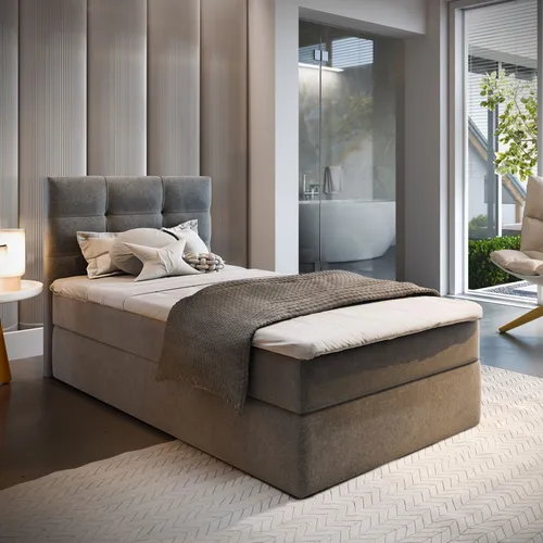 Masseno Boxspringbett GLOS 90 – Komfortabel und Elegant 90x200 cm - Betten mit ergonomischer Bonell-Matratze und praktischem Bettkasten für Ordnung im Schlafzimmer. Das moderne Design mit gepolstertem Kopfteil sorgt für stilvollen Komfort.