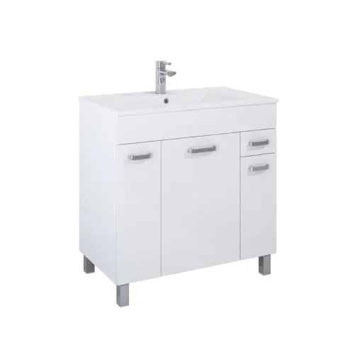 VBChome Badmöbel 80x46x83 cm Weiß Waschbecken mit Hahnloch Badezimmerschrank 3 Türen 1 Schublade Soft Close System Modern