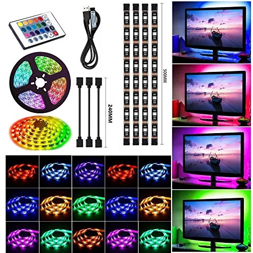 Sunboia LED Streifen-Licht-kit,LED Band 4x50CM Wasserfestes LED Leiste,TV-Hintergrundbeleuchtung Kit,5050RGB Mehrfarbig Akku mit USB Mini Kontrolleur und 24 Tasten-Infrarot-Fernbedienung