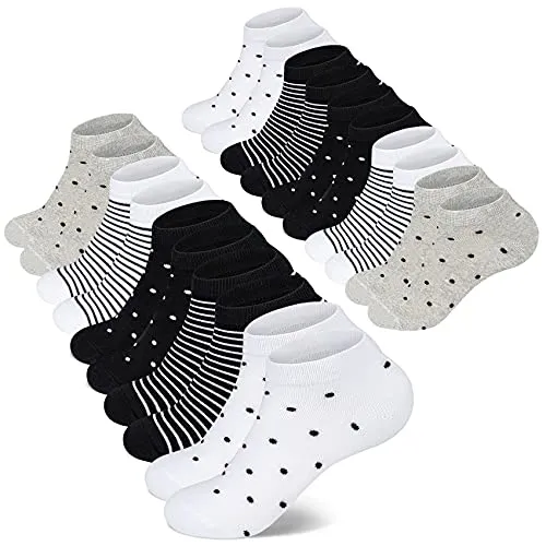 Mowenti Sneaker Socken Damen 35-38 Kurze Baumwollsocken Sportsocken 10 paar Streifen Punkten-8205