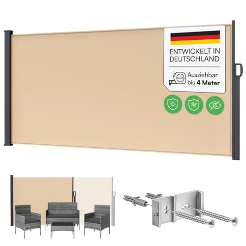 STEELSØN Seitenmarkise Zirella 160x400 cm - Beige, ausziehbar mit Griff - Praktischer Sicht- und Sonnenschutz für Garten und Terrasse. Die ausziehbare Seitenmarkise „Zirella“ von STEELSØN bietet flexible Privatsphäre und ist wetterfest sowie UV-beständig, ideal für entspannte Stunden im Freien.