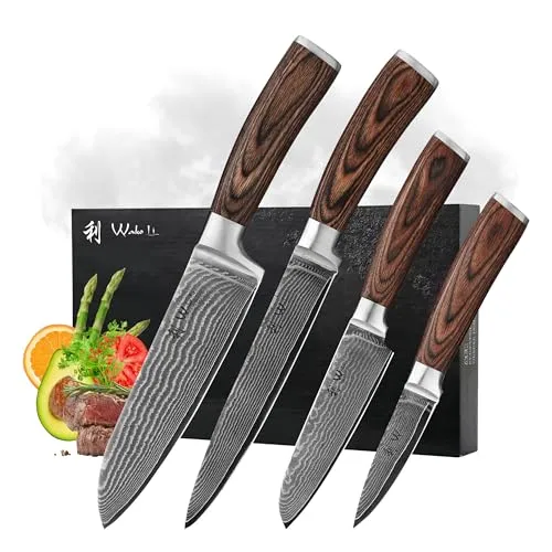 Wakoli Edib 4er Damastmesser-Set - Premium Küchenmesserset aus 67 Lagen Damaststahl, scharfe Klingen von 8 bis 18 cm für Profiköche und Hobbyköche