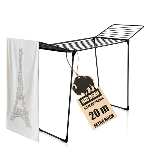 BigDean NEUHEIT Wäscheständer mit Grip Antirutsch Stäben - Standtrockner mit 20m Trockenlänge, extra hohen Leinen für lange Kleidung und neuartigen Grip Stäben, die die Wäsche sicher halten. Ideal für platzsparende Aufbewahrung.