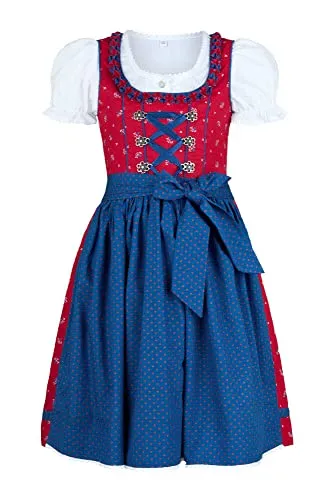 Nübler Dirndl Mädchen - 3 teiliges Set Dirndl Kleid mit Trachtenbluse und Schürze tradtionell - Moderne bayrische Tracht, Emilia Rot, Größe:158
