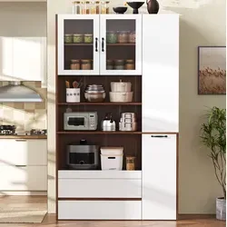 Hochschrank Mdf Weiß/nussbaum 100 X 40 X 200 Cm Mit Riffelglas, 2 Schubladen, Ausziehbarer Ablage Und Offenem Stauraum