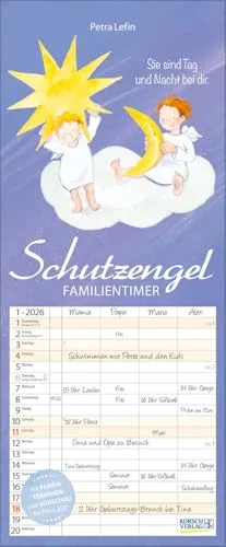 Familientimer Schutzengel 2026 - Familienplaner mit 4 Spalten - Hochwertiger Familienkalender mit viel Platz, netten Sprüchen und Ferienterminen. Vorschau bis März 2027, ideal zur Organisation für die ganze Familie. Maße: 19 x 46 cm.