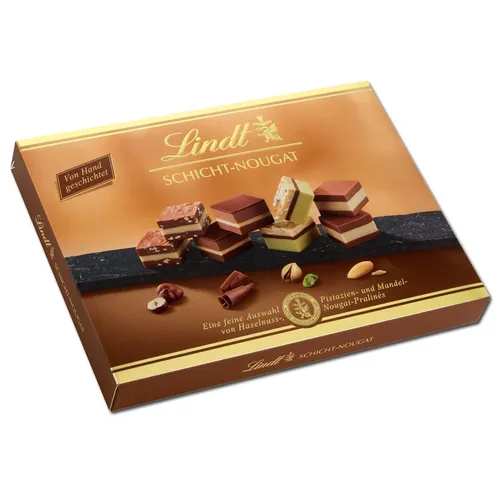 Lindt Schicht Pralinen 125 g - Schokoladen-Geschenkideen mit 12 handgeschichteten Nougat-Pralinen aus Mandel, Haselnuss und Pistazie – ein exklusives Genuss-Erlebnis von Lindt.