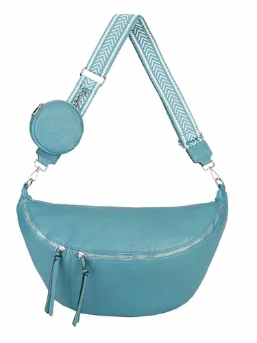 ITALYSHOP24 OBC Damen Tasche Crossbody Brusttasche Hüfttasche Schultertasche Umhängetasche Bauchtasche Gürteltasche Crossover Slingntasche Reise Bag Kunstleder Türkis V1