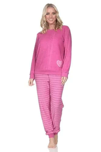 Normann Wunderschöner Damen Frottee Schlafanzug mit Bündchen und Herz-Motiv - auch in Übergrössen, Farbe:pink, Größe:40-42