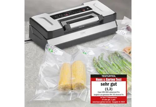 CASO VRH 800 Advanced Pro Vakuumierer – Flüssigkeiten vakuumieren, 20 l/min Doppelkolbenpumpe, -0,9 bar, Doppelnaht 30 cm, Rollenbox + Cutter, Edelstahl, Beutel & Boxen, für Fleisch & Fisch