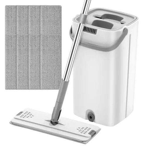 Aboiledy 360° Drehbarem Floor Mops und Eimer Set, Edelstahl Wischmopp Set mit 8 Mikrofaser-Pads, 2-in-1 Reinigungssystem, Abnehmbarer, Ideal für alle Bodenarten