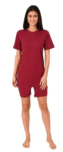 Normann Care Damen Pflegeoverall Kurzarm Einteiler Schlafanzug mit Reissverschluss am Rücken und Bein, Farbe:Beere, Größe:XS