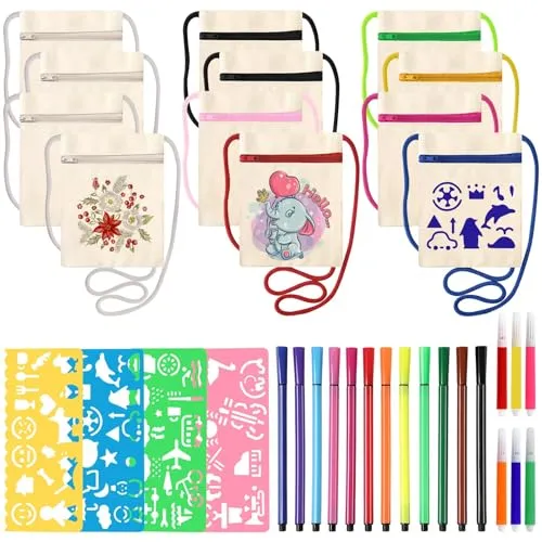 Votoko 12 Stück Stoffbeutel zum Bemalen für Kinder, 17 x 13 cm DIY Umhängegeldbeutel, Taschen zum Bemalen für Kinder Party, Schule, Geschenk