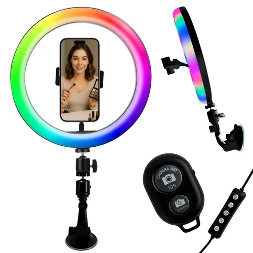 Smartphone Saugnapf Halterung mit Ringlicht und Fernbedienung - Praktische Halterung für Smartphones mit Saugnapf und Ringlicht. Ideal für Videos und Fotos, flexibel einstellbar und robust – perfekt für kreative Aufnahmen zuhause oder unterwegs.