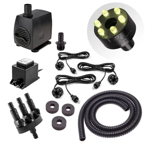 CLGarden Springbrunnen Pumpe Set mit 3X LED Beleuchtung warmweiß für Wasserspiel Säulenbrunnen Kugelbrunnen Schlauch Wasserverteiler 1300 L/H