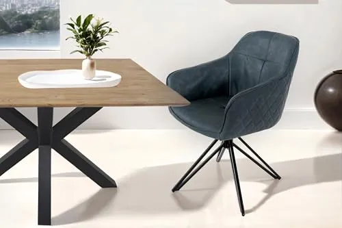 SAM Drehstuhl Elbe, 180 Grad drehbar, Kunstlederbezug Hellblau, Esszimmerstuhl/Armlehnstuhl mit kleinem Rauten-Muster außen, Metallgestell schwarz