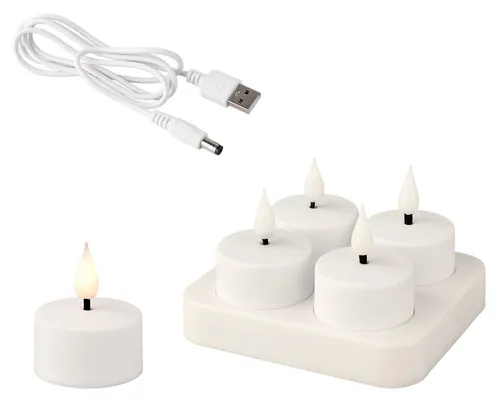 Lumineo LED-Kerze 4er Set – Flammenlose Teelichter in Weiß - Sichere LED-Teelichter für stimmungsvolle Ambiente. Wiederaufladbar über USB, mit flackerndem Effekt und langer Betriebszeit. Ideal für Familien und festliche Anlässe.