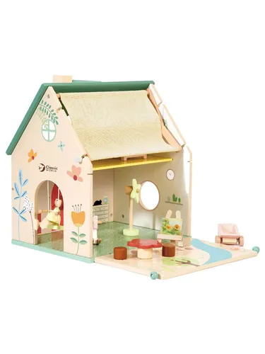 Classic World Wooden Dollhouse with Garden - Holzspielzeug: Charmantes Puppenhaus mit klappbarem Dach und ausklappbarem Garten, ideal für kreatives Spielen. Inkl. Spielzubehör und Puppe, perfekt für Kinder ab 3 Jahren.