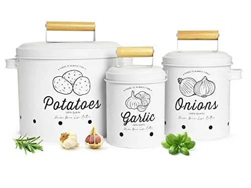 Sendez Vorratsbehälter Set - Kartoffeltopf, Knoblauchtopf, Zwiebeltopf - Frischhaltedosen für optimale Aufbewahrung: 3 hochwertige Metallbehälter mit Luftlöchern für längere Frische von Kartoffeln, Zwiebeln und Knoblauch. Stilvolles Design, das Ihre Küche ordentlich hält.