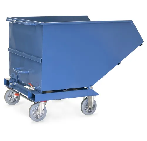 Fetra Kippbehälter Muldenkipper 4704A - Muldenkipper für Stapler, 0,8 m³ Volumen, 800 kg Tragkraft. Ideal zum Sammeln & Trennen von Flüssigkeiten und Spänen. Robuste Bauweise mit TOTALSTOP Zentralbremse für Sicherheit.