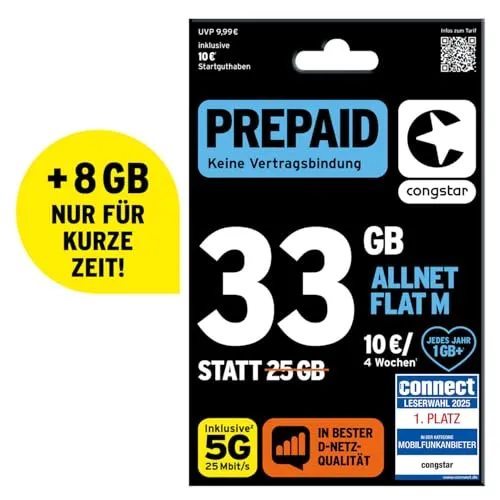 congstar Prepaid ALLNET M SIM-Karte ohne Vertrag – 25 GB für schnelles 5G