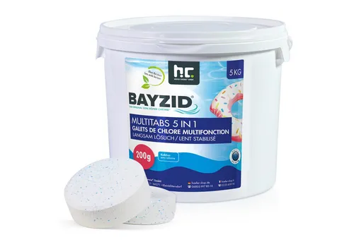 BAYZID Multitabs 5in1 für Pools - 5 kg Eimer - Poolzubehör mit 5-Phasen-Pflegewirkung für langanhaltende Wasserqualität, reduziert den Einsatz weiterer Chemikalien und hinterlässt keine Rückstände.