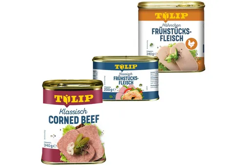 TULIP Wurstkonserve Frühstücksfleisch Corned Beef 340g + Hähnchen 340g + Schwein 200g, (Set, Corned Beef + Hähnchen + Schwein), Dänische Delikatesse