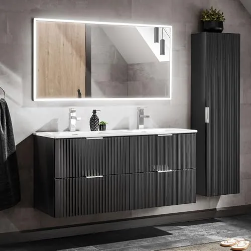 Lomadox Badmöbel-Set ADELAIDE-56-BLACK, 3-teilig mit stilvollem Waschtisch