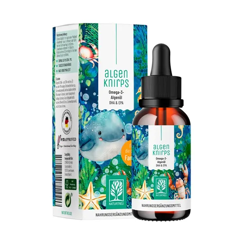 Omega 3 Kinder DHA EPA 50ml vegan Algenöl Tropfen Orange Algenknirps NATURTREU®