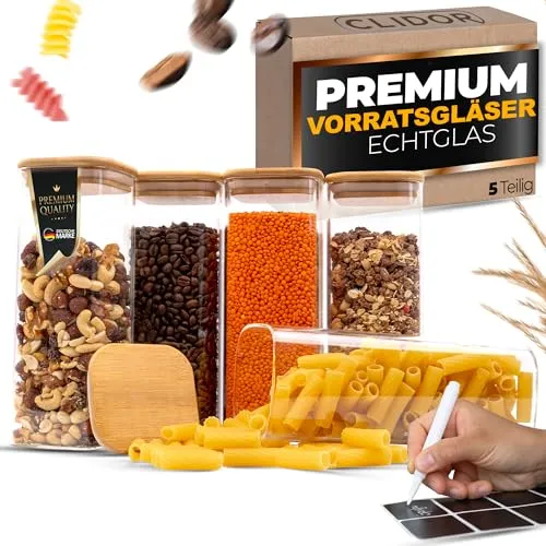 CLIDOR Vorratsgläser mit Deckel, Eckig - 5x 1050ml, Erhöhte Glasstärke, Vorratsdosen mit Deckel luftdicht, Aufbewahrungsbox Küche für alle Lebensmittel, Glasbehälter, Küchen Organizer