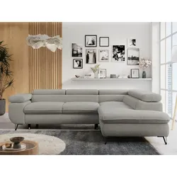 Ecksofa Peter L-Form Grau mit Schlaffunktion - Ecksofa mit Bettkasten und verstellbaren Kopfstützen, ideal für Komfort und Stauraum. Hochelastischer HR-Schaum sorgt für optimale Anpassung und Luftzirkulation, perfekt für Allergiker.