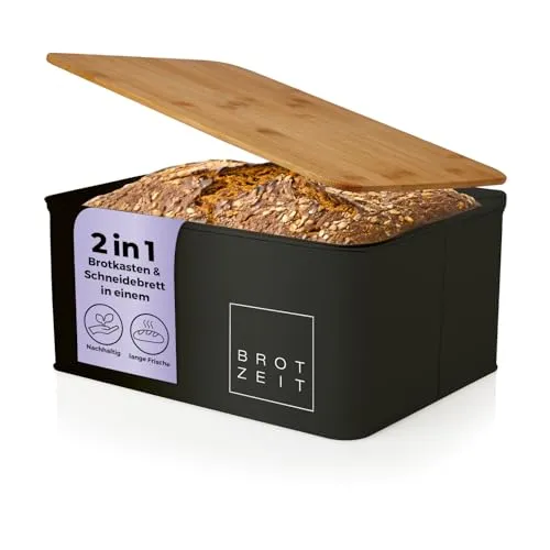 Lumaland Brotkasten Cuisine - Stilvoller Brotkasten aus Bambus und Metall - Brotkästen in elegantem Schwarz und Braun, mit einem praktischen Bambusdeckel für optimale Frischhaltung und ansprechendes Design.