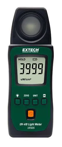 Extech UV505 UV-Messgerät - Präzises UV-Messgerät für den Wellenlängenbereich von 290-390 nm, ideal für professionelle Anwendungen in Werkstätten und Labors.