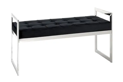 HAKU Möbel Bank Edelstahl - Art Deco Sitzbank mit schwarzem Samtgewebe - Sitzbank aus glänzendem Edelstahl mit gepolsterter Sitzfläche aus schwarzem Samtgewebe, ideal für stilvolle Einrichtungen und eine Belastbarkeit von 90 kg.