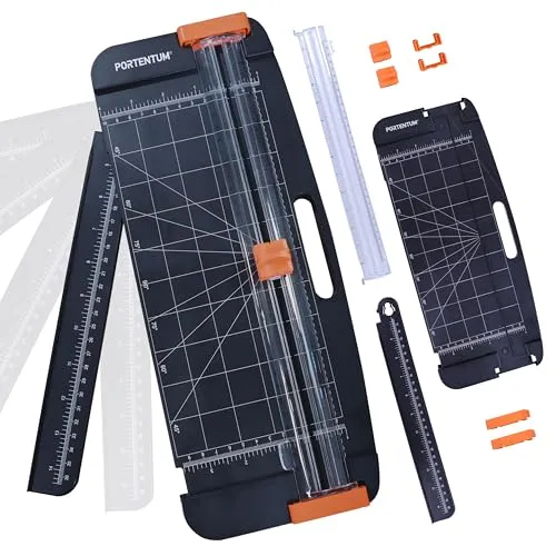 PORTENTUM Papierschneider A4 mit Rillfunktion und abnehmbarem Lineal – Schneidemaschine Papier mit verstellbarem Anschlag und Diagonalschnitt – Papierschneidemaschine für Basteln und Büro – 12 Blatt