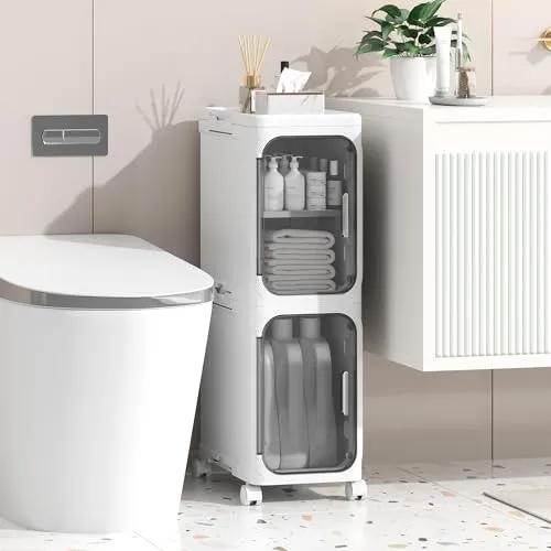 Enjinkail Badezimmerschrank, Schmaler freistehendes Aufbewahrungsmöbel aus Kunststoff mit Tür, wasserdichter Kleiner Rollwagen mit Rädern für Wohnzimmer, Küche (21W*67H*34D, 2 Ebenen)