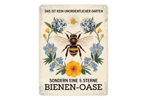 speecheese Metallschild Biene mit Blumen DAS IST KEIN UNORDENTLICHER GARTEN Metallschild in